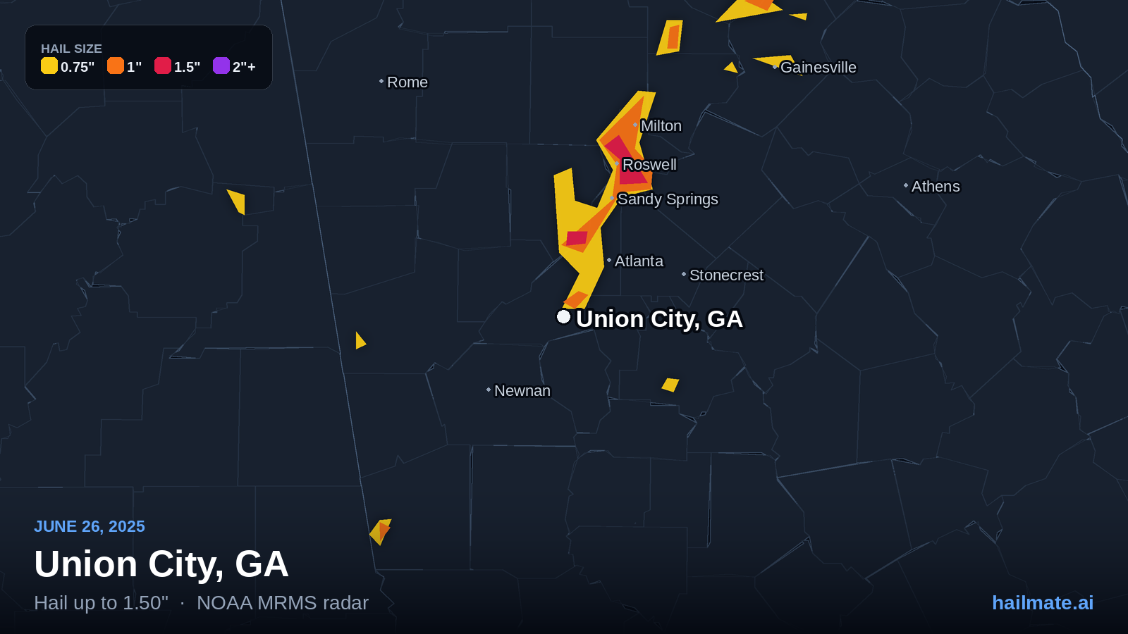Hail swath map for Union City, GA on June 26, 2025 showing 1.50 inch hail.