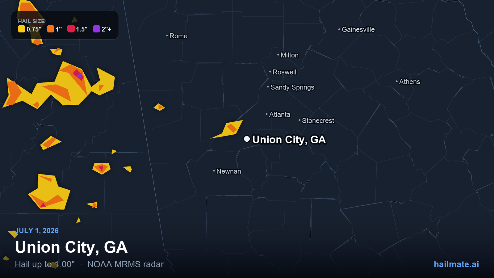 Hail swath map for Union City, GA on July 1, 2026 showing 1.00 inch hail.