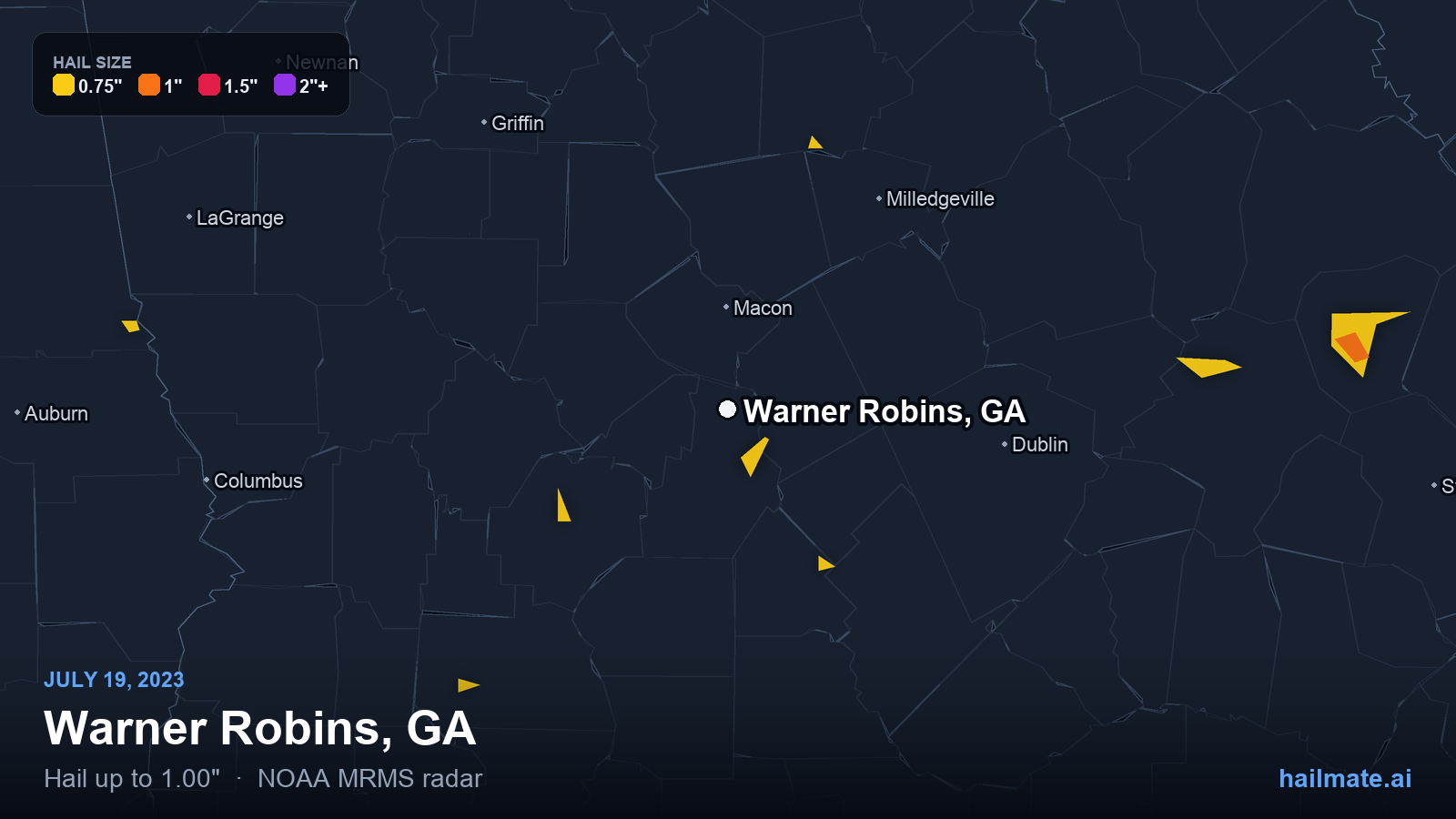 Hail swath map for Warner Robins, GA on July 19, 2023 showing 1.00 inch hail.