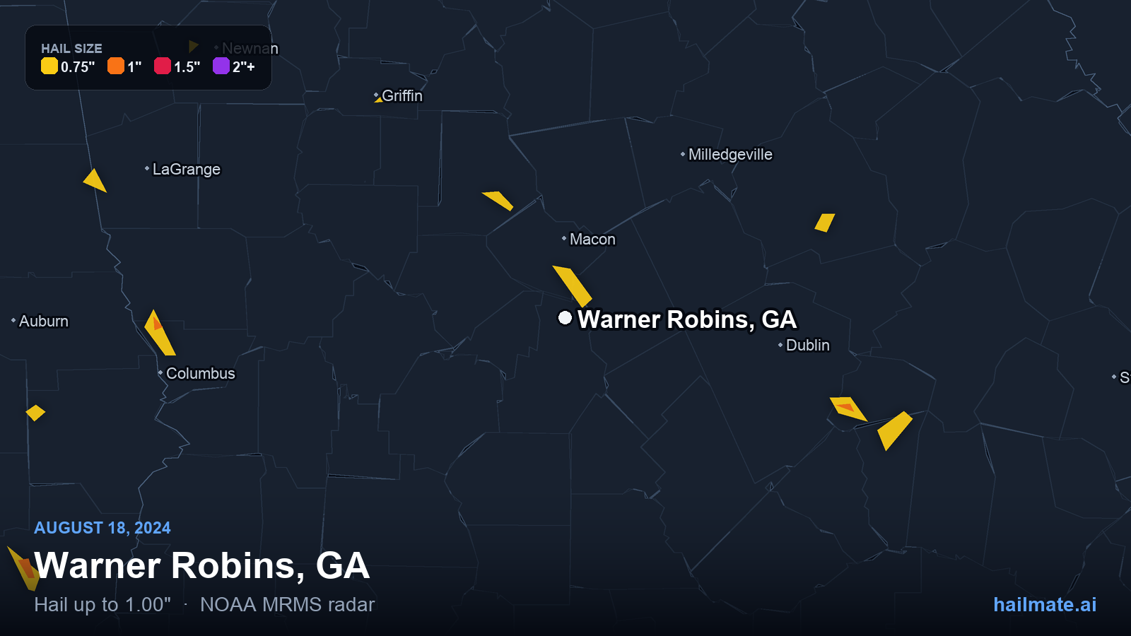 Hail swath map for Warner Robins, GA on August 18, 2024 showing 1.00 inch hail.