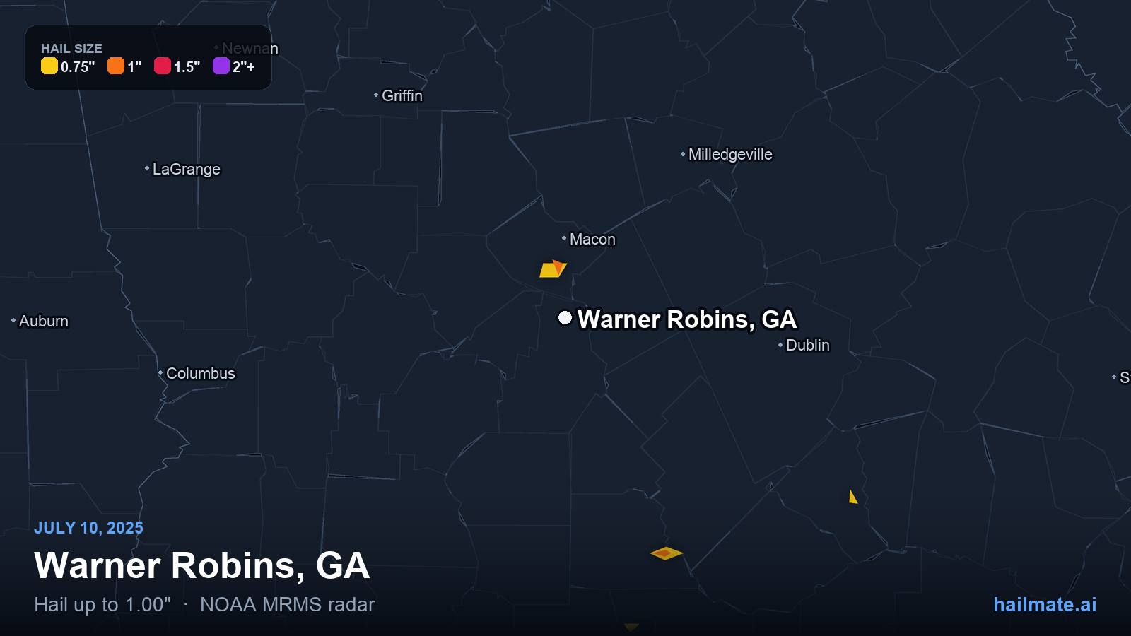 Hail swath map for Warner Robins, GA on July 10, 2025 showing 1.00 inch hail.