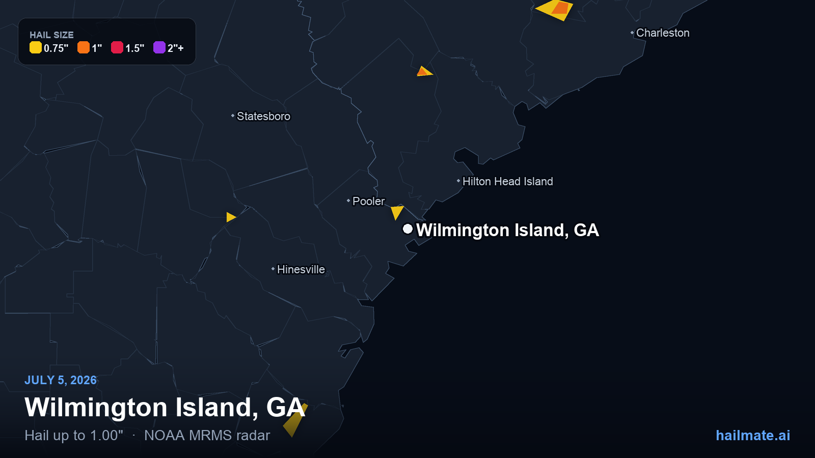 Hail swath map for Wilmington Island, GA on July 5, 2026 showing 1.00 inch hail.
