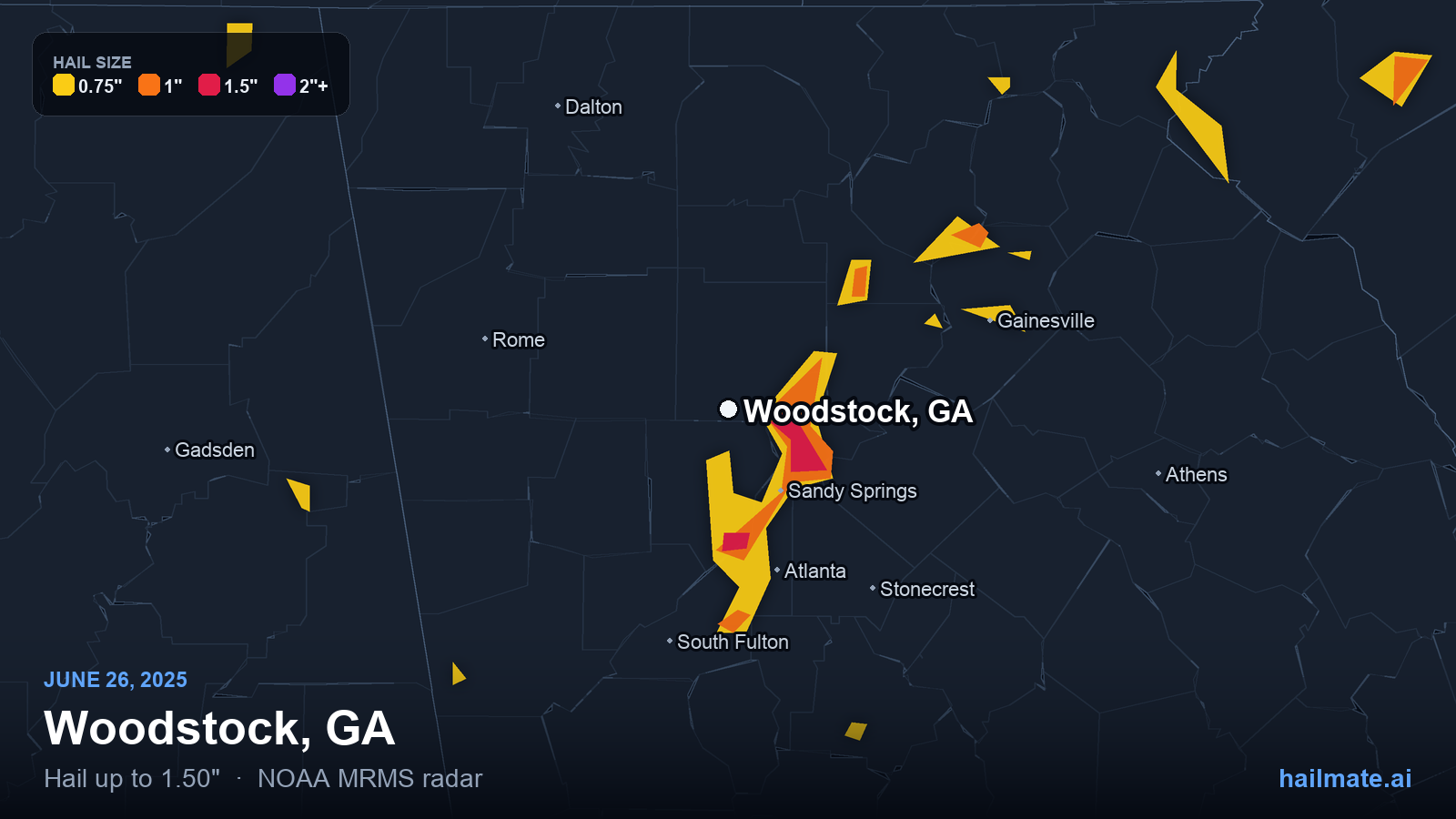 Hail swath map for Woodstock, GA on June 26, 2025 showing 1.50 inch hail.