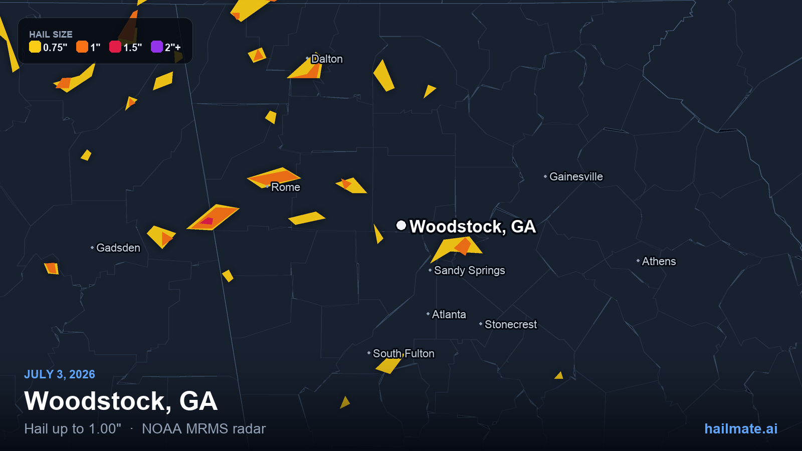 Hail swath map for Woodstock, GA on July 3, 2026 showing 1.00 inch hail.