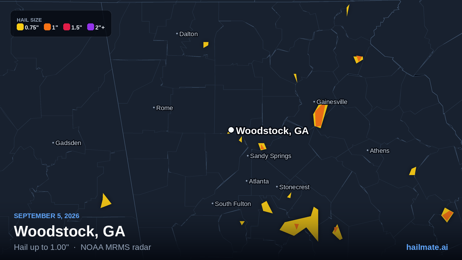 Hail swath map for Woodstock, GA on September 5, 2026 showing 1.00 inch hail.