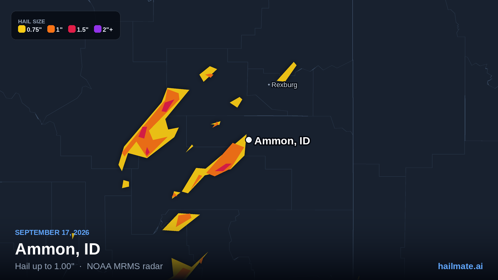 Hail swath map for Ammon, ID on September 17, 2026 showing 1.00 inch hail.