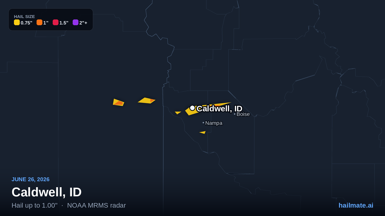 Hail swath map for Caldwell, ID on June 26, 2026 showing 1.00 inch hail.