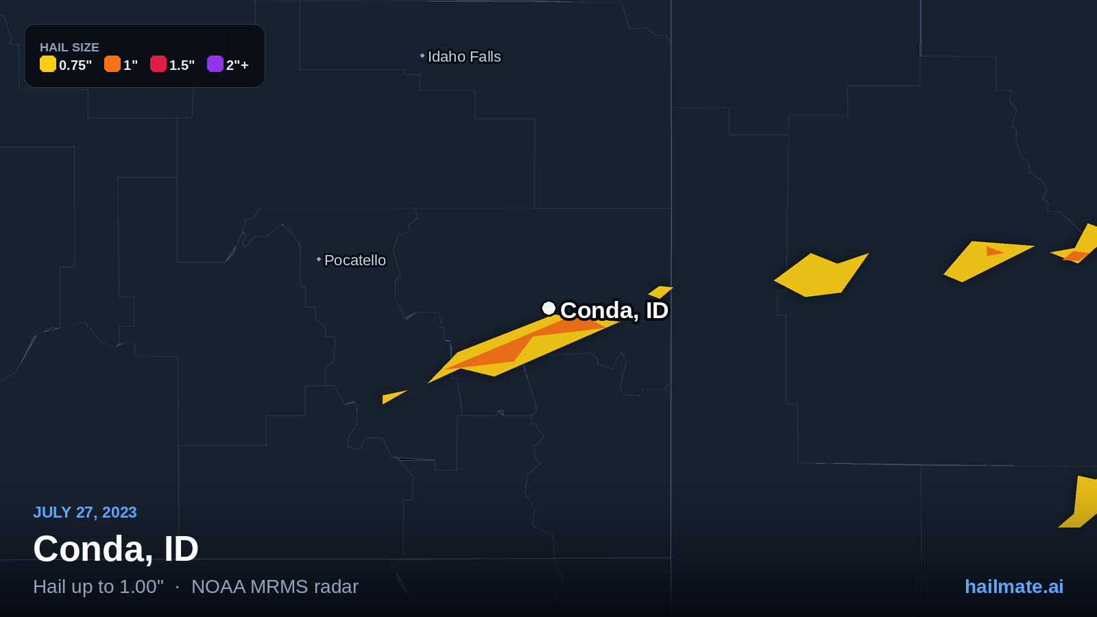 Hail swath map for Conda, ID on July 27, 2023 showing 1.00 inch hail.