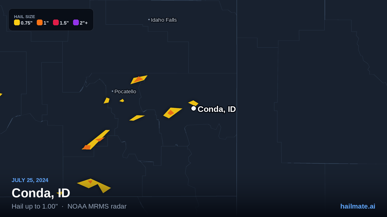 Hail swath map for Conda, ID on July 25, 2024 showing 1.00 inch hail.