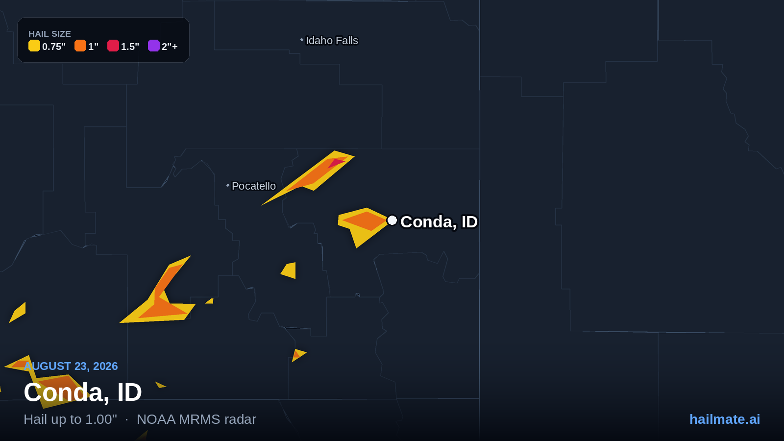 Hail swath map for Conda, ID on August 23, 2026 showing 1.00 inch hail.
