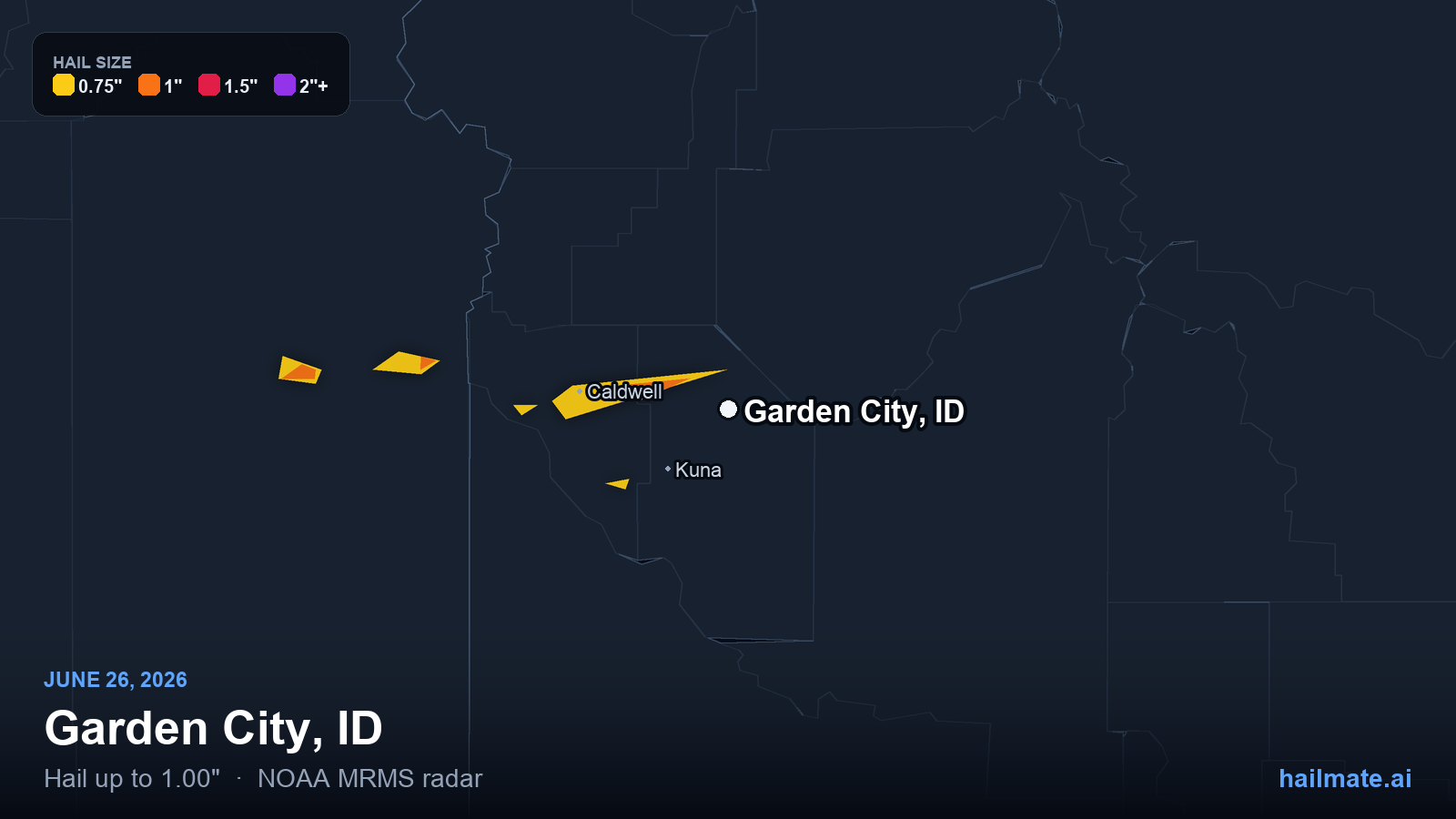 Hail swath map for Garden City, ID on June 26, 2026 showing 1.00 inch hail.