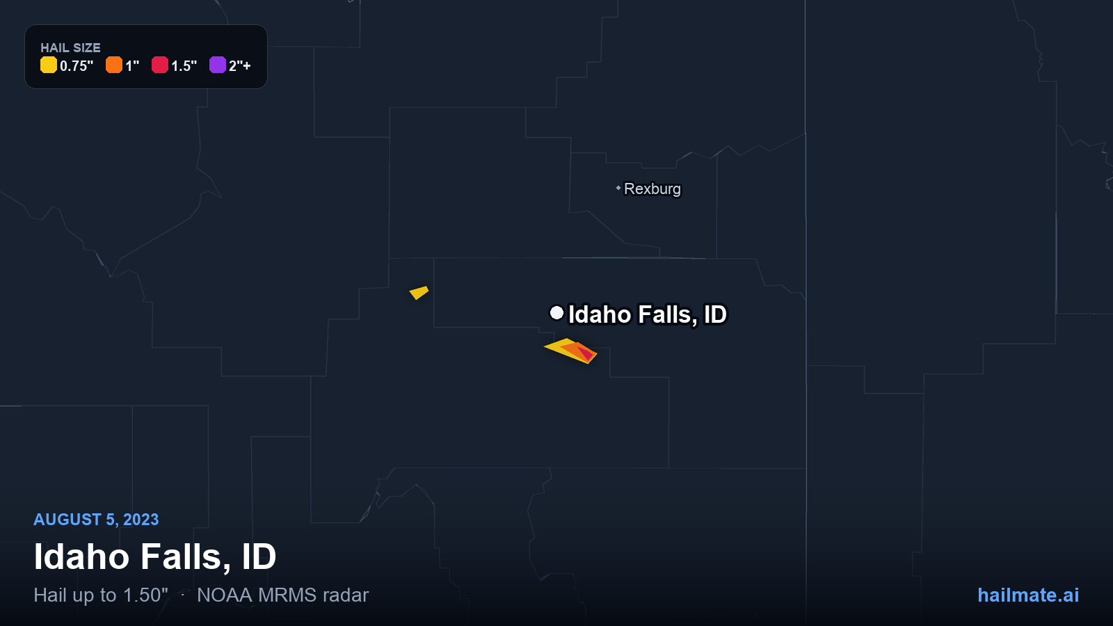 Hail swath map for Idaho Falls, ID on August 5, 2023 showing 1.50 inch hail.