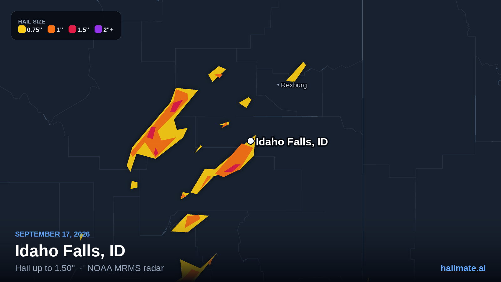 Hail swath map showing 1.50 inch hail over Idaho Falls, Idaho on September 17, 2026.
