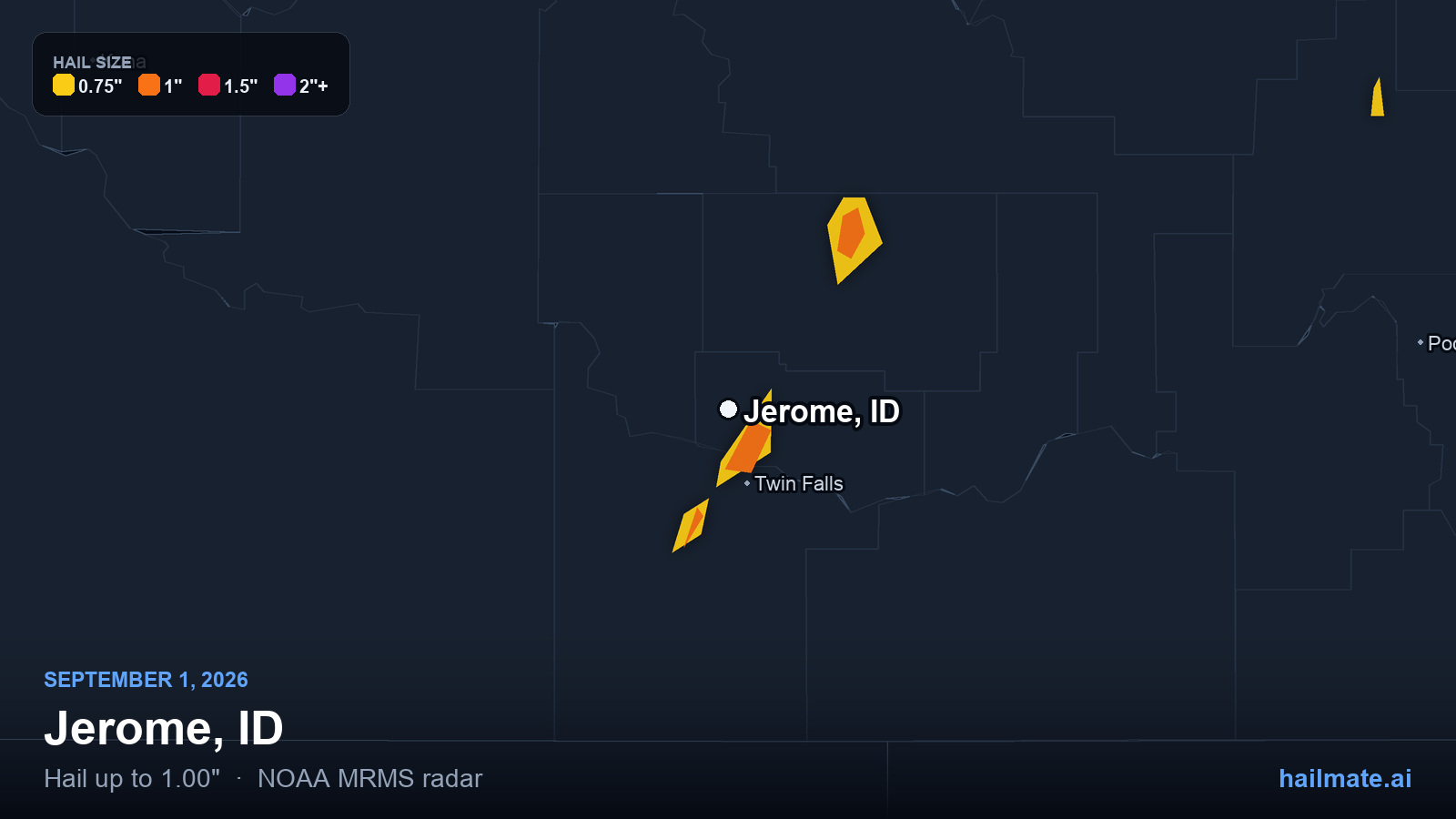 Hail swath map for Jerome, ID on September 1, 2026 showing 1.00 inch hail.