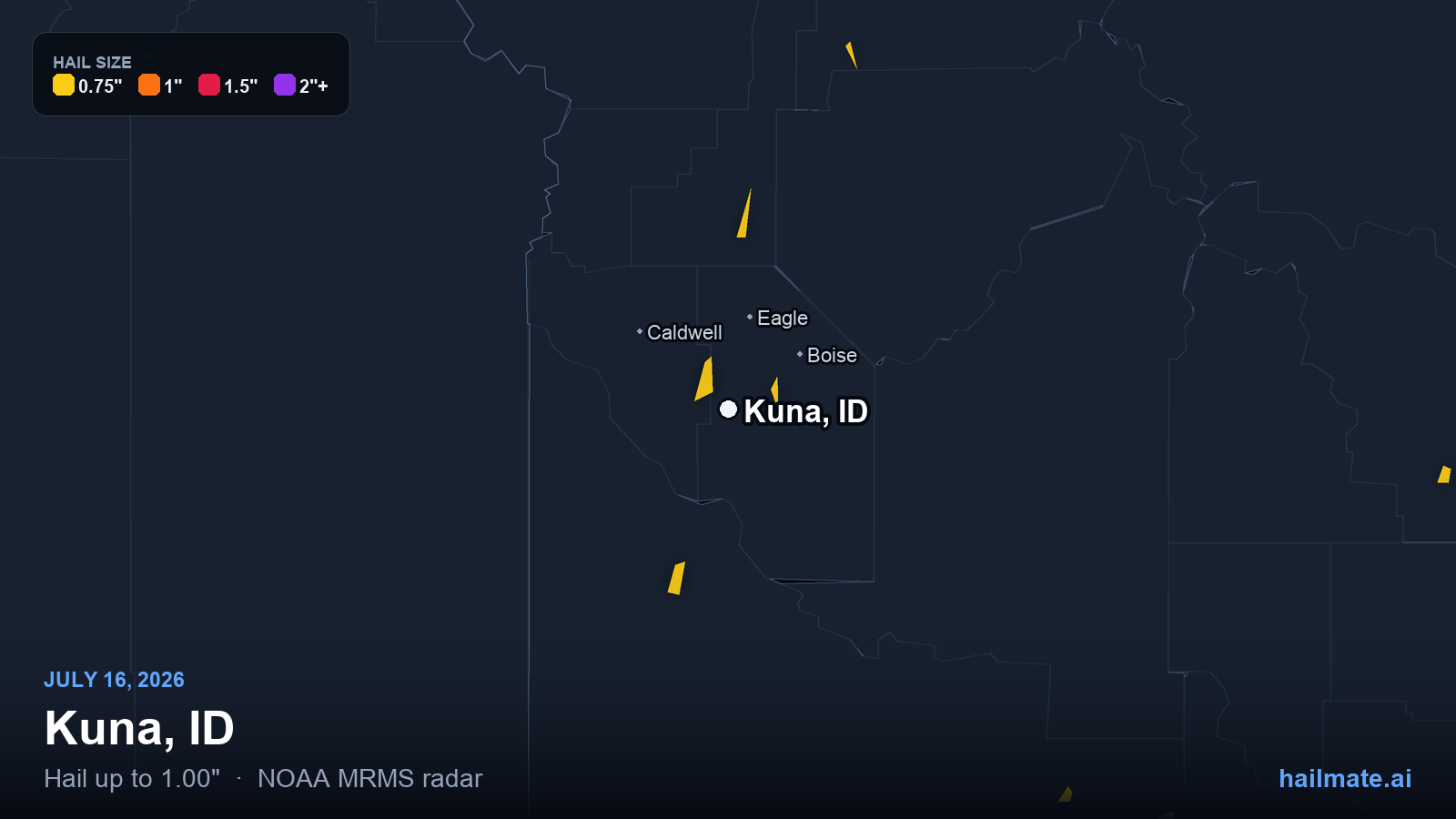 Hail swath map for Kuna, ID on July 16, 2026 showing 1.00 inch hail.