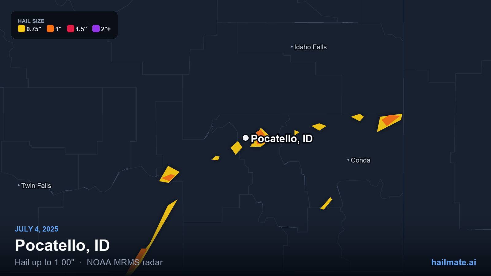 Hail swath map for Pocatello, ID on July 4, 2025 showing 1.00 inch hail.