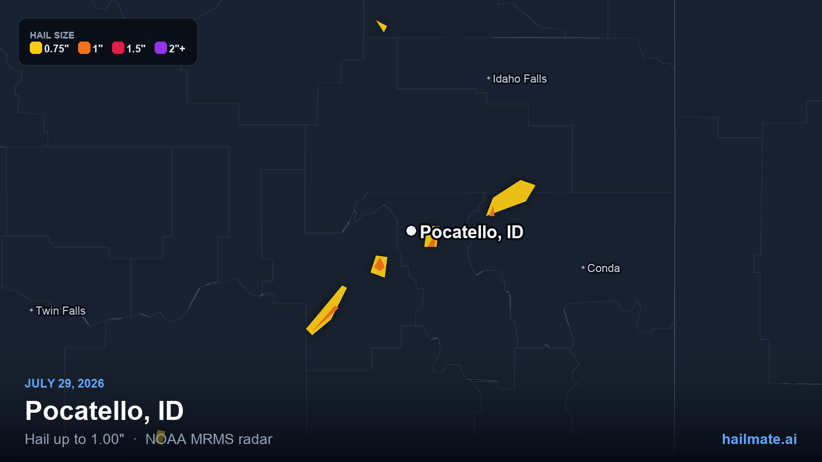 Hail swath map for Pocatello, ID on July 29, 2026 showing 1.00 inch hail.