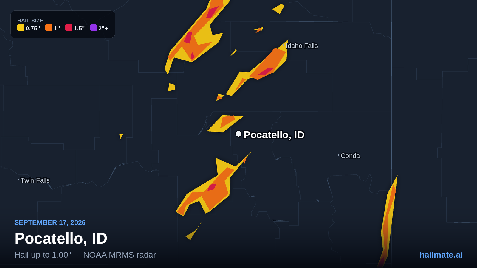 Hail swath map for Pocatello, ID on September 17, 2026 showing 1.00 inch hail.
