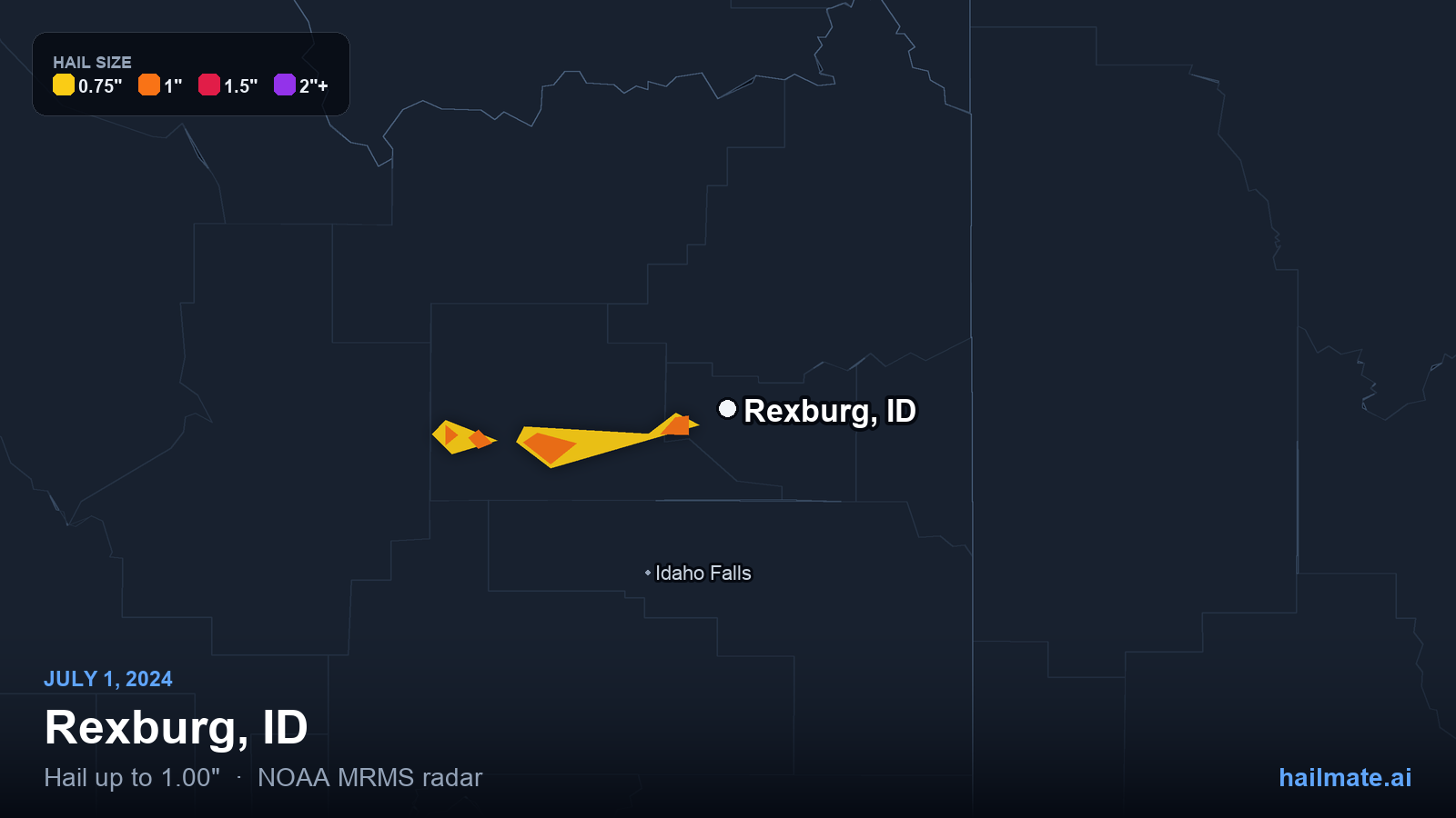 Hail swath map for Rexburg, ID on July 1, 2024 showing 1.00 inch hail.