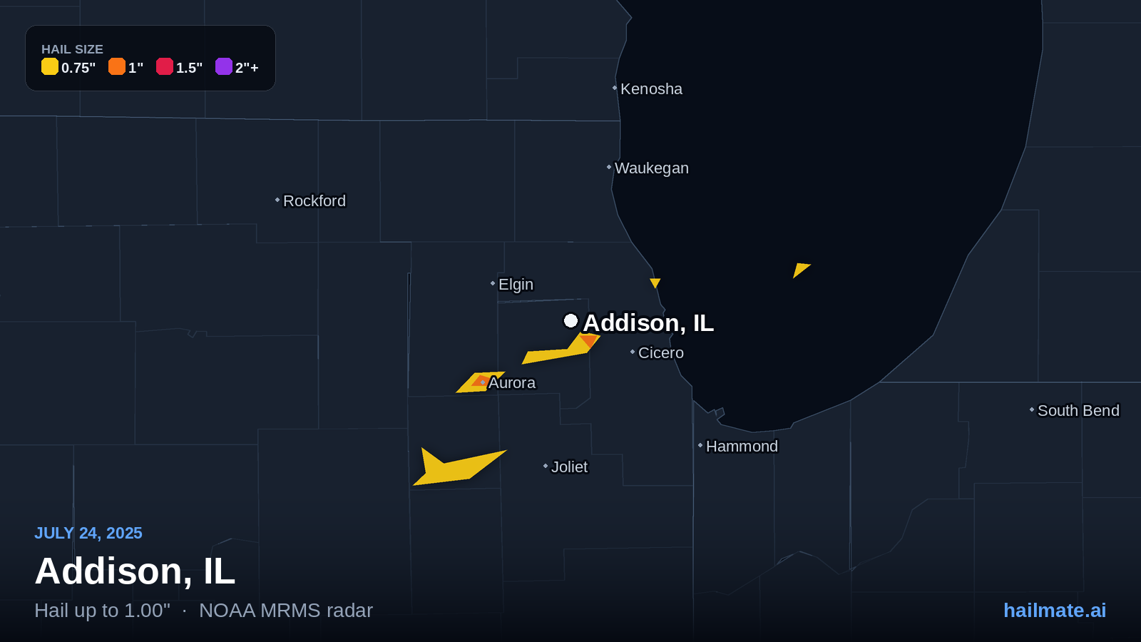 Hail swath map for Addison, IL on July 24, 2025 showing 1.00 inch hail.