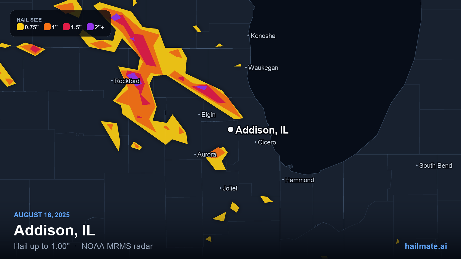 Hail swath map for Addison, IL on August 16, 2025 showing 1.00 inch hail.