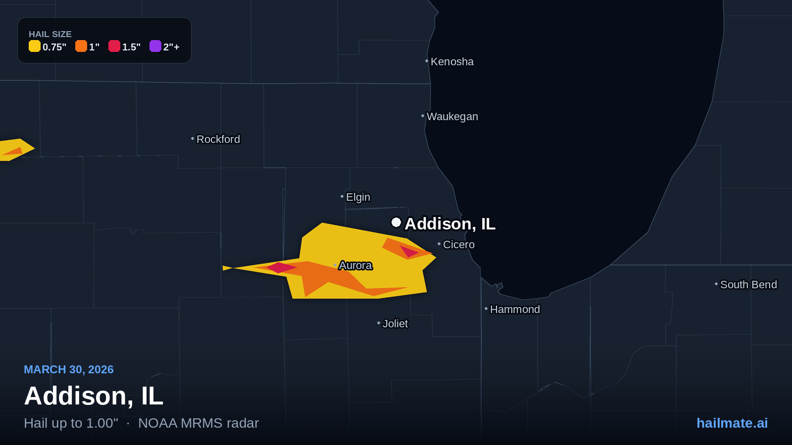 Hail swath map for Addison, IL on March 30, 2026 showing 1.00 inch hail.