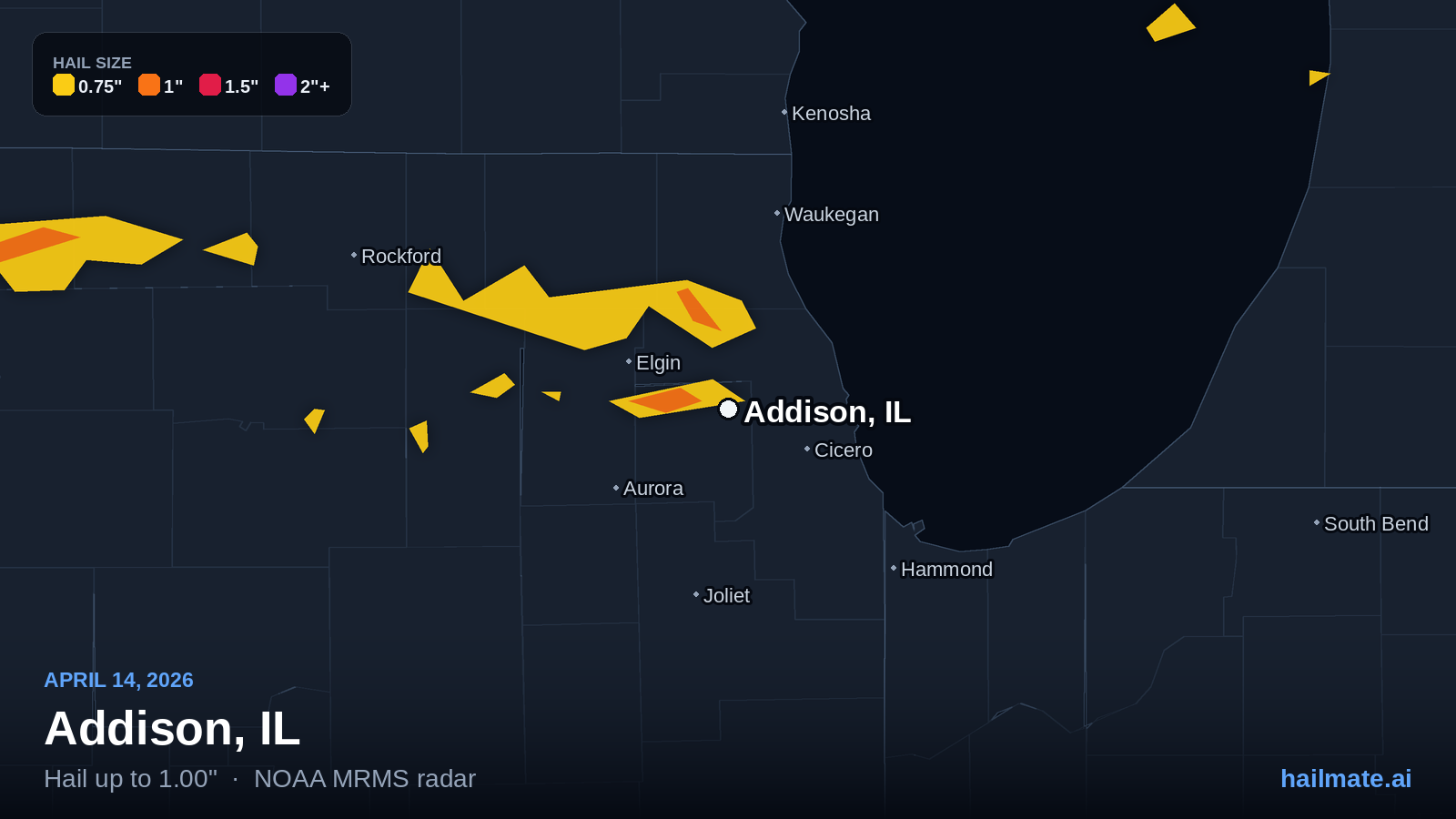 Hail swath map for Addison, IL on April 14, 2026 showing 1.00 inch hail.
