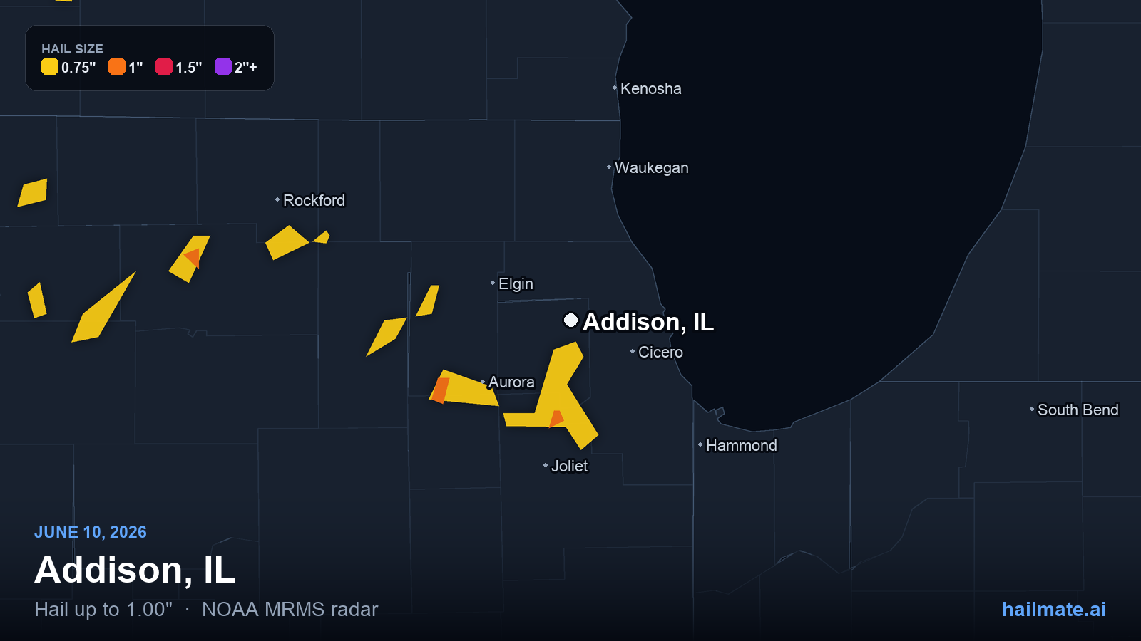 Hail swath map for Addison, IL on June 10, 2026 showing 1.00 inch hail.