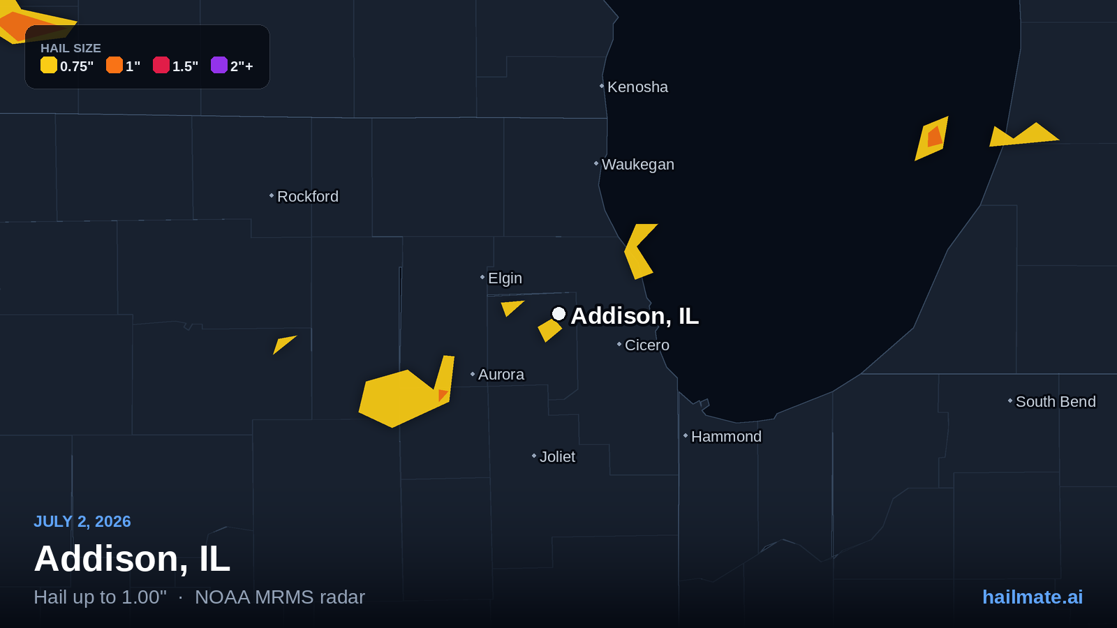 Hail swath map for Addison, IL on July 2, 2026 showing 1.00 inch hail.