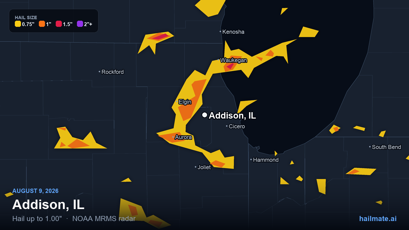 Hail swath map for Addison, IL on August 9, 2026 showing 1.00 inch hail.