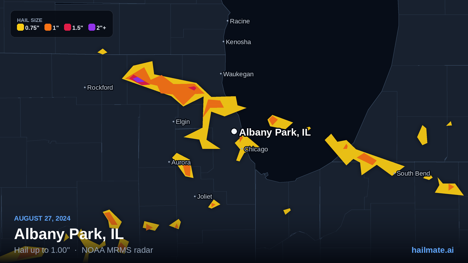 Hail swath map for Albany Park, IL on August 27, 2024 showing 1.00 inch hail.