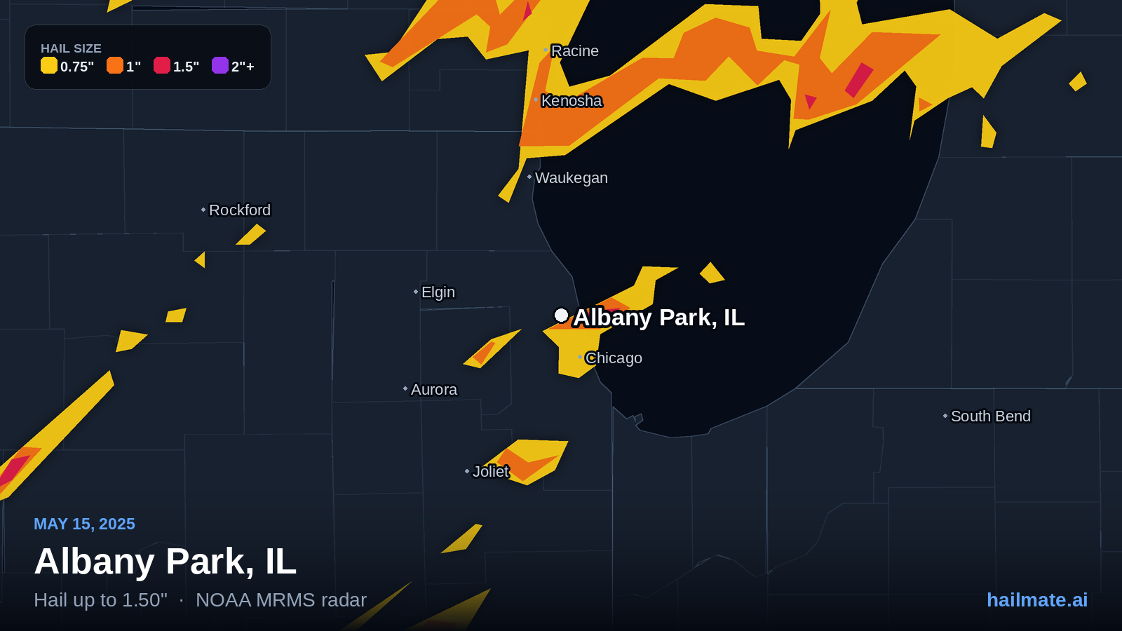 Hail swath map for Albany Park, IL on May 15, 2025 showing 1.50 inch hail.