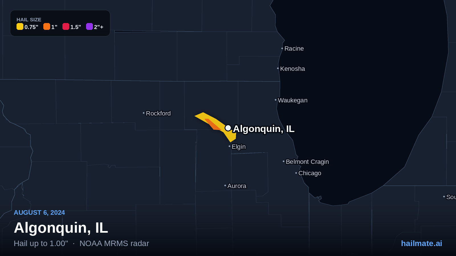Hail swath map for Algonquin, IL on August 6, 2024 showing 1.00 inch hail.