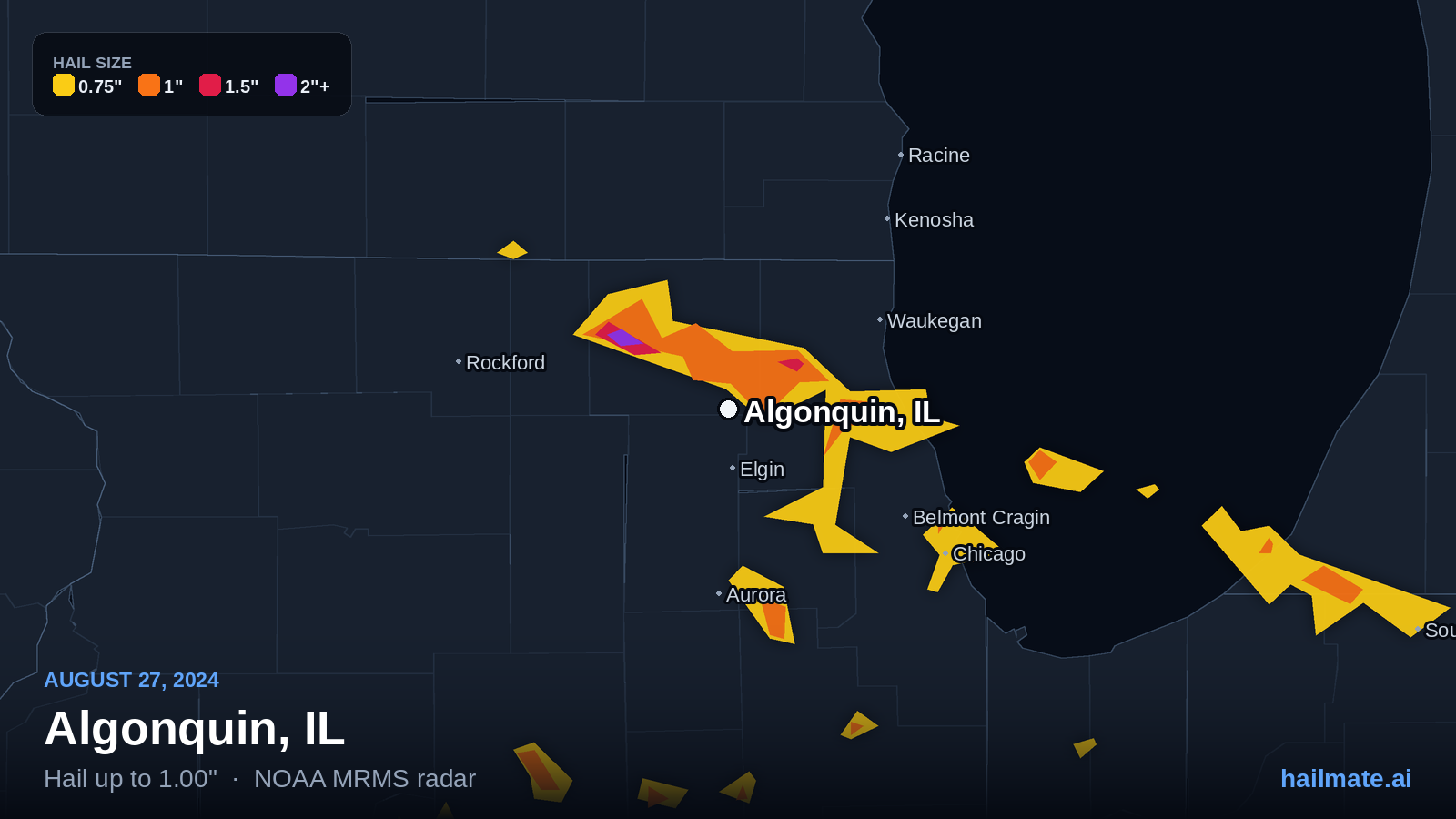 Hail swath map for Algonquin, IL on August 27, 2024 showing 1.00 inch hail.