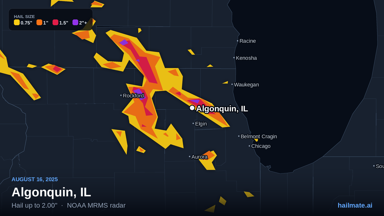 Hail swath map for Algonquin, IL on August 16, 2025 showing 2.00 inch hail.