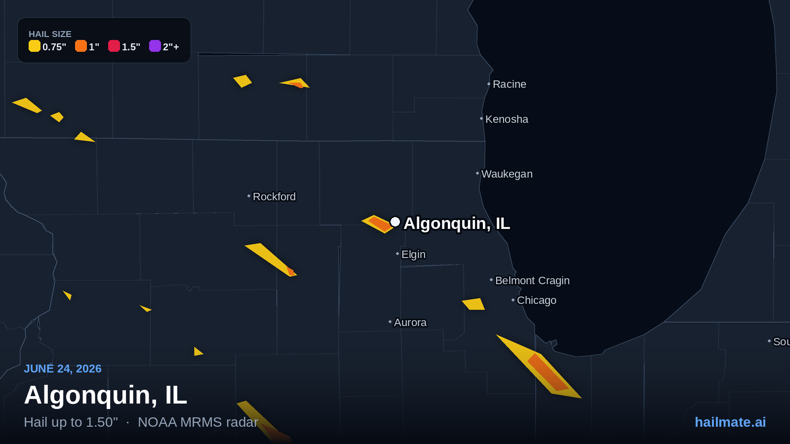Hail swath map for Algonquin, IL on June 24, 2026 showing 1.50 inch hail.