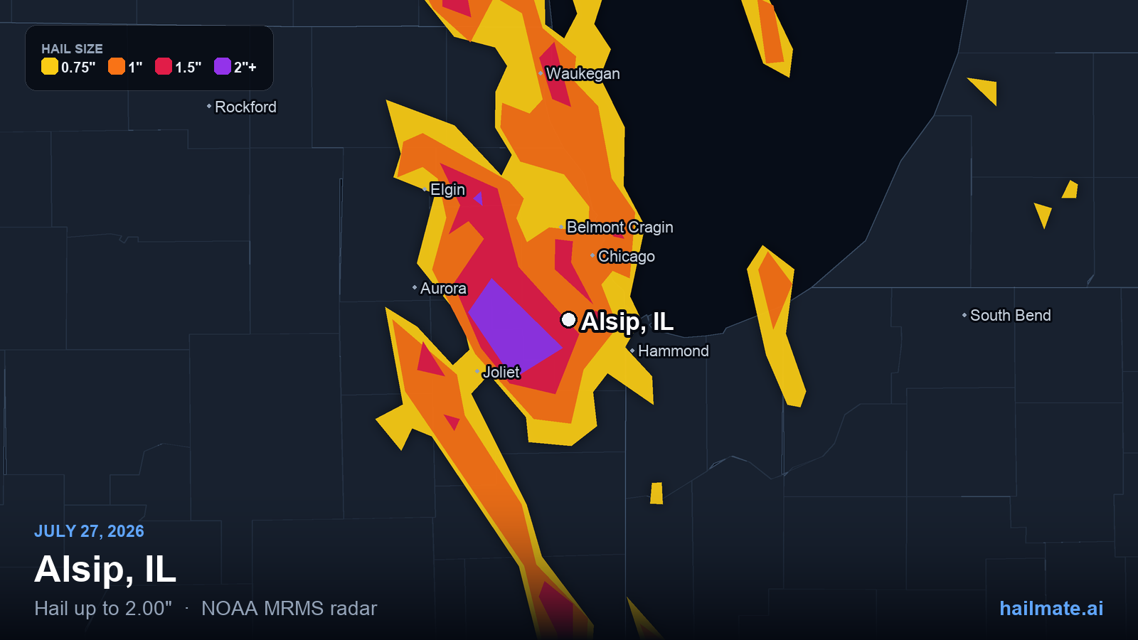 Hail swath map for Alsip, IL on July 27, 2026 showing 2.00 inch hail.