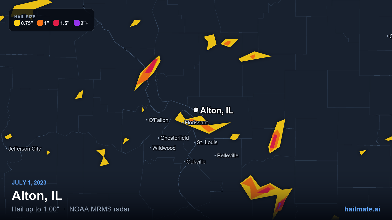 Hail swath map for Alton, IL on July 1, 2023 showing 1.00 inch hail.