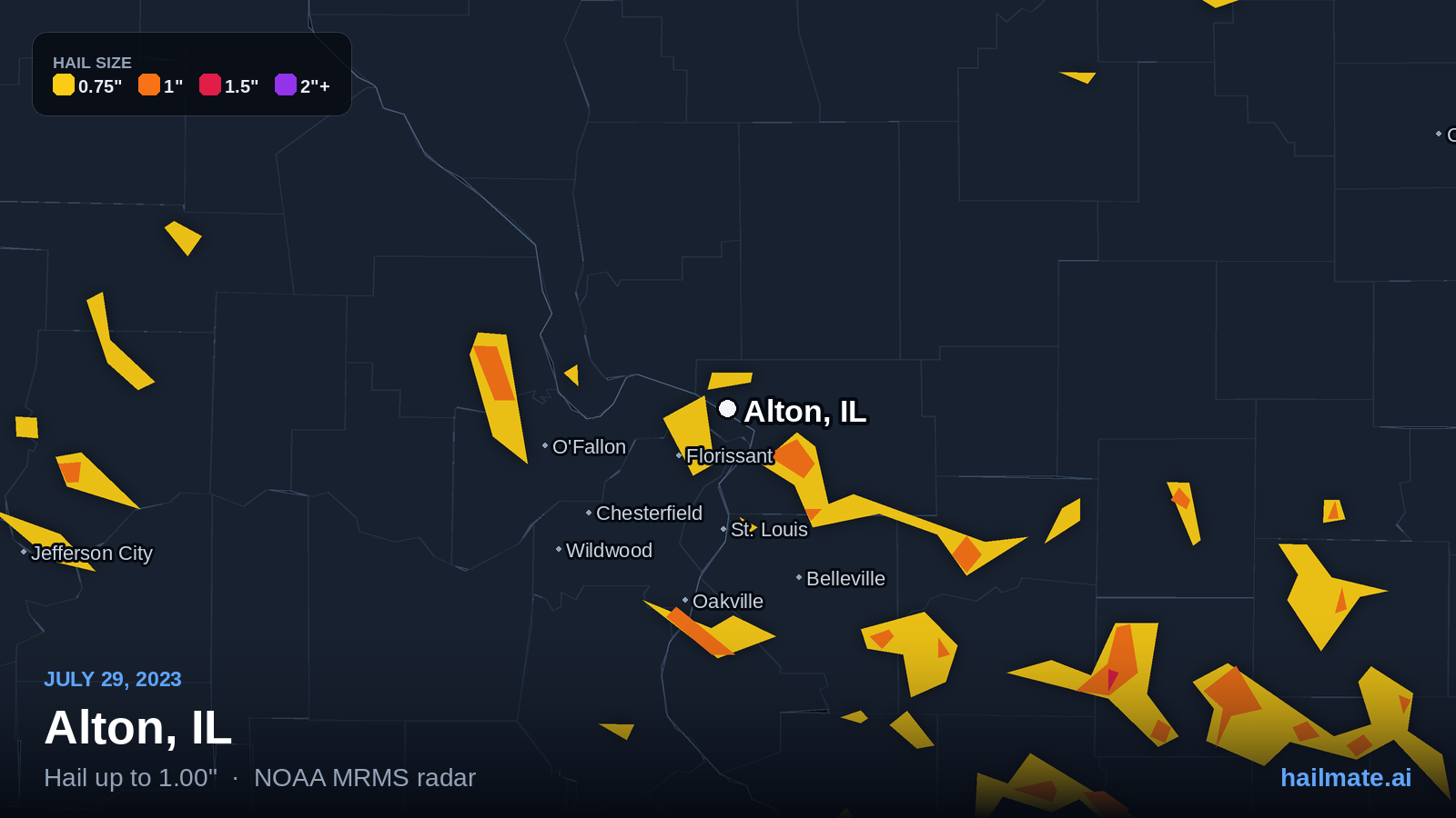 Hail swath map for Alton, IL on July 29, 2023 showing 1.00 inch hail.