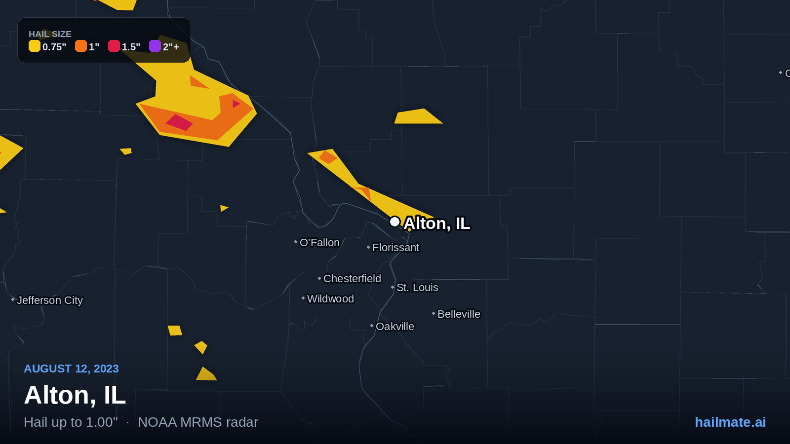 Hail swath map for Alton, IL on August 12, 2023 showing 1.00 inch hail.