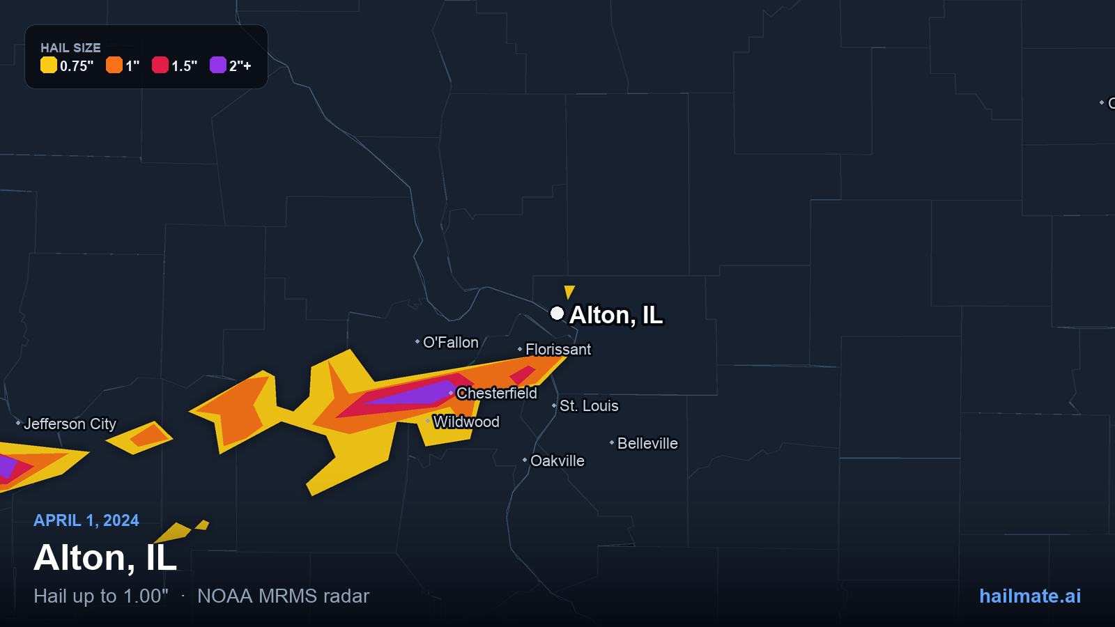 Hail swath map for Alton, IL on April 1, 2024 showing 1.00 inch hail.