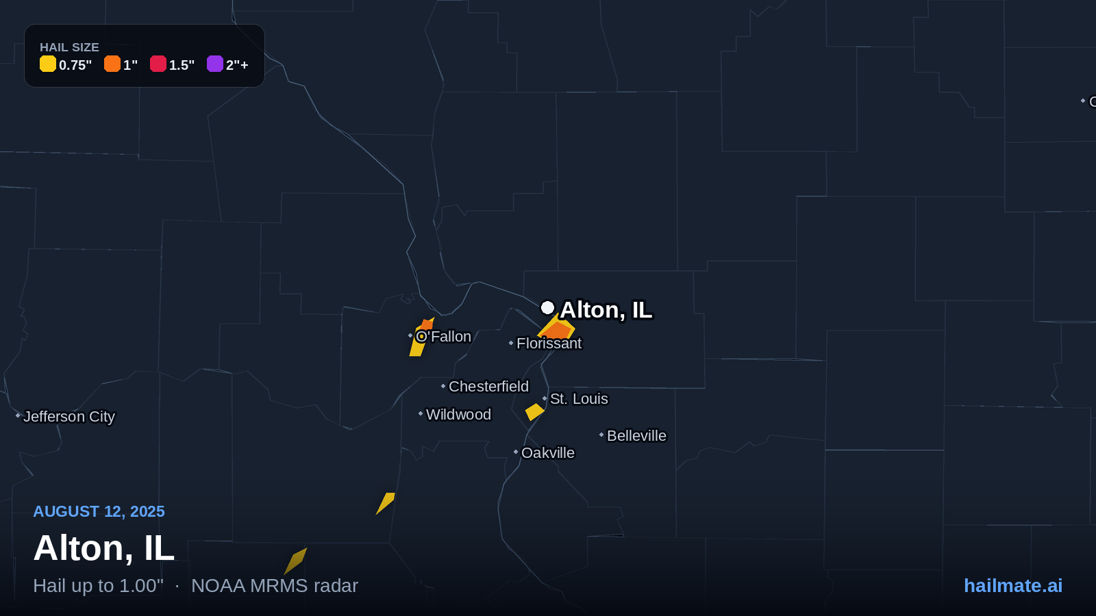 Hail swath map for Alton, IL on August 12, 2025 showing 1.00 inch hail.