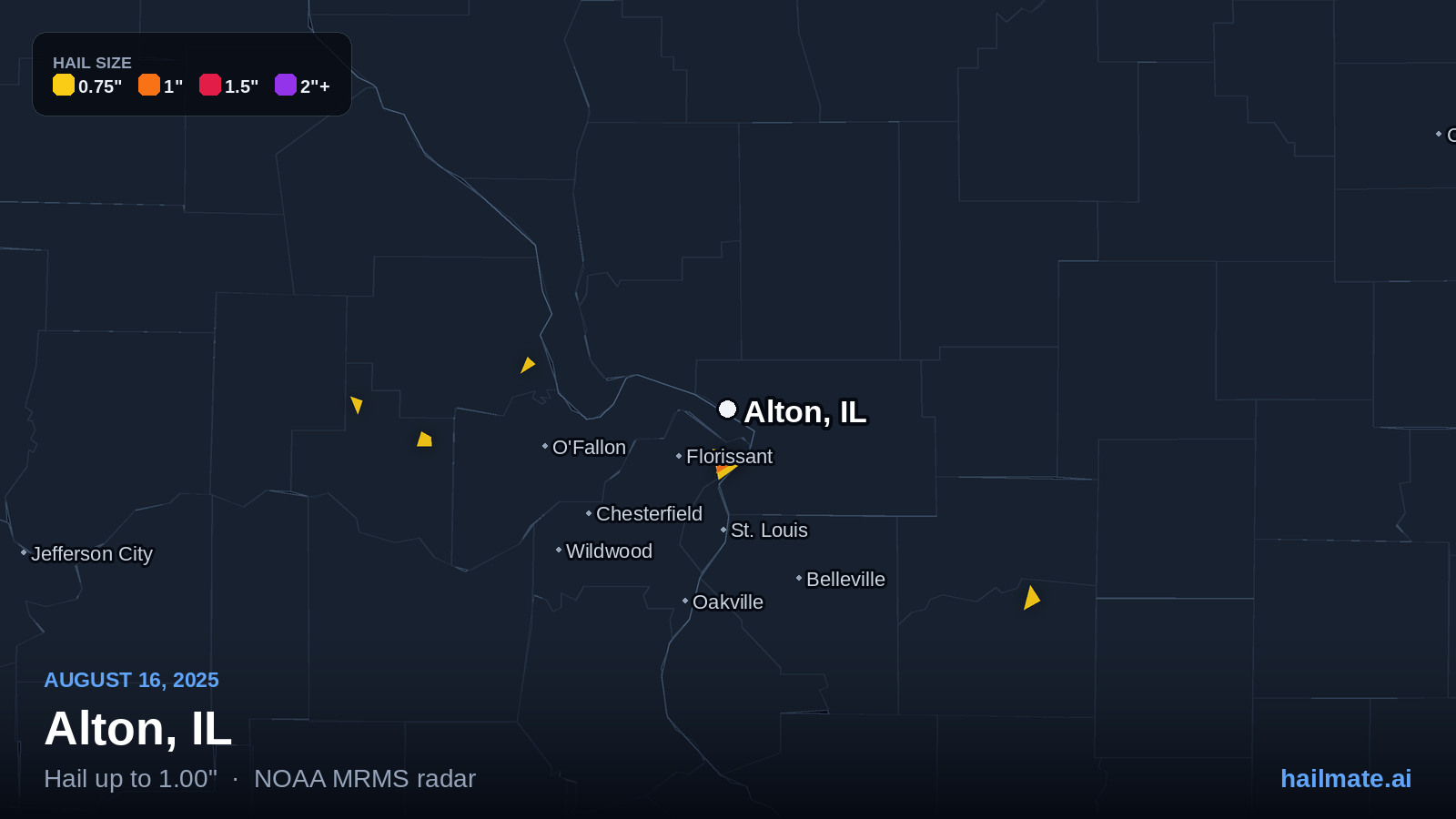 Hail swath map for Alton, IL on August 16, 2025 showing 1.00 inch hail.