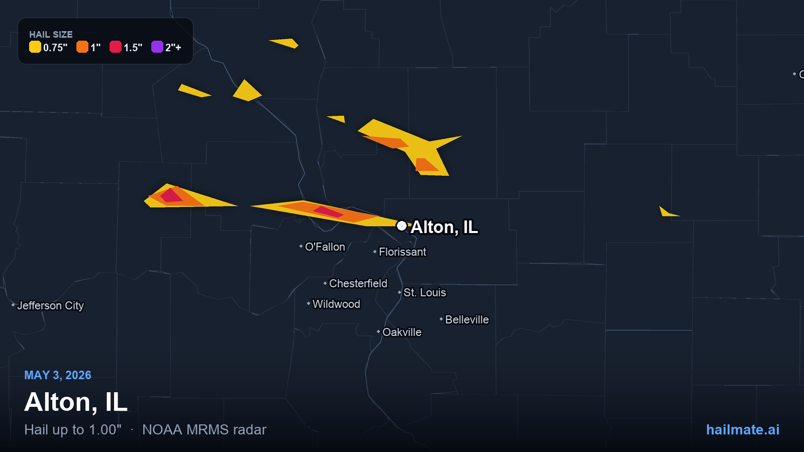 Hail swath map for Alton, IL on May 3, 2026 showing 1.00 inch hail.