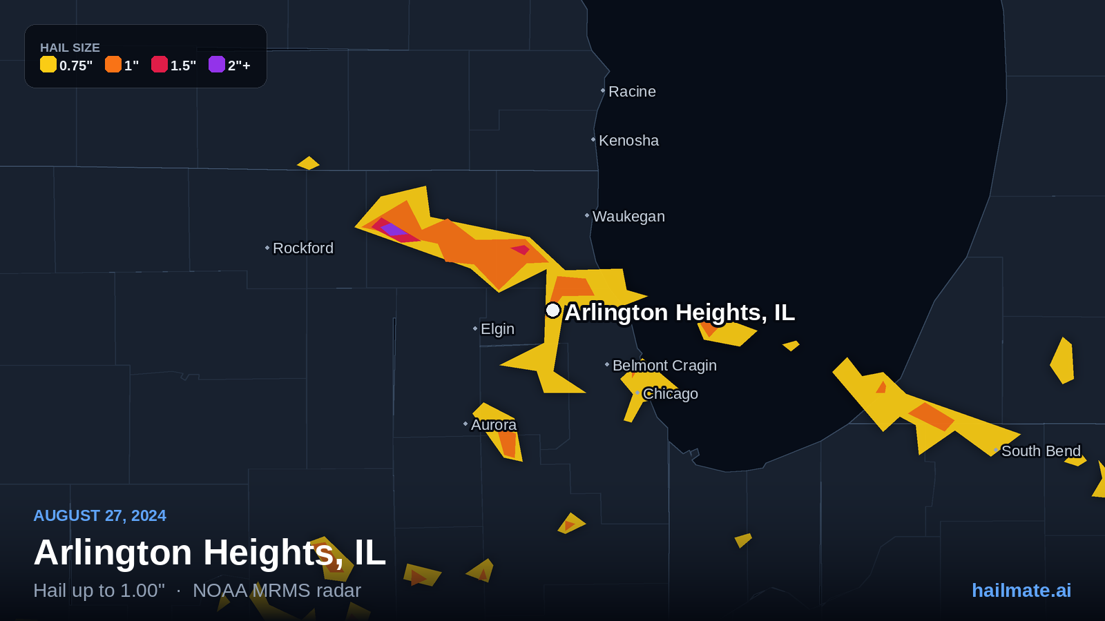 Hail swath map for Arlington Heights, IL on August 27, 2024 showing 1.00 inch hail.