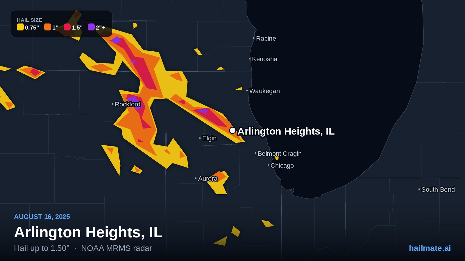 Hail swath map for Arlington Heights, IL on August 16, 2025 showing 1.50 inch hail.