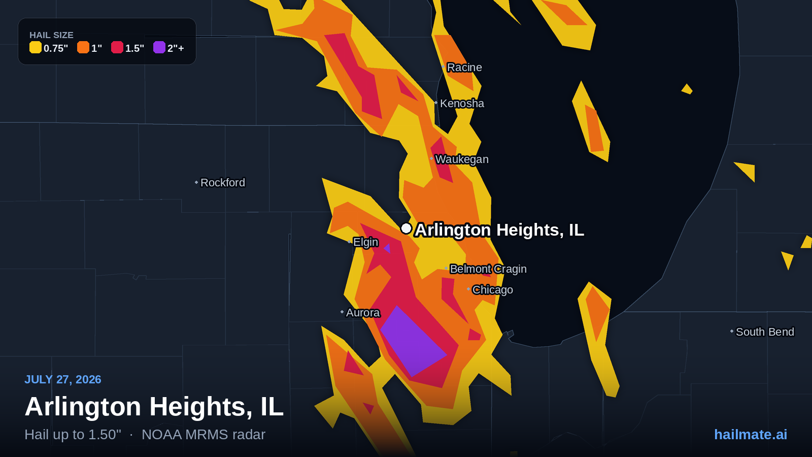 Hail swath map for Arlington Heights, IL on July 27, 2026 showing 1.50 inch hail.