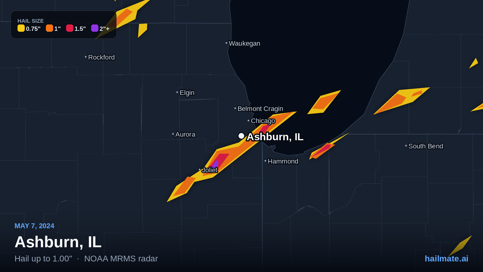 Hail swath map for Ashburn, IL on May 7, 2024 showing 1.00 inch hail.