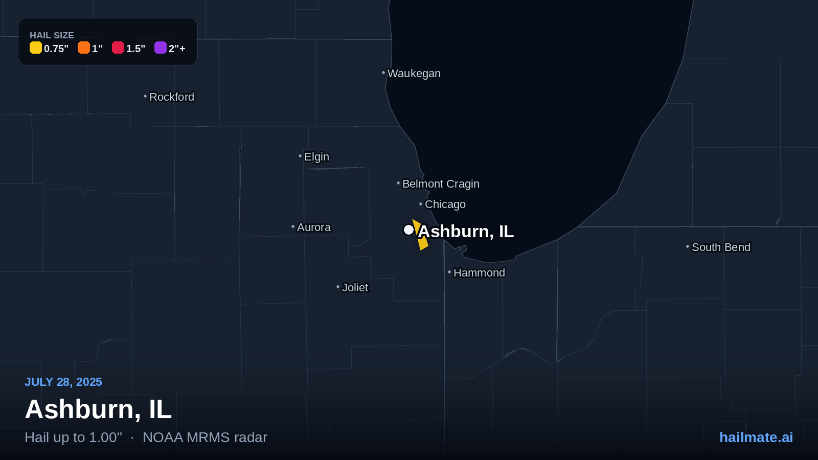 Hail swath map for Ashburn, IL on July 28, 2025 showing 1.00 inch hail.