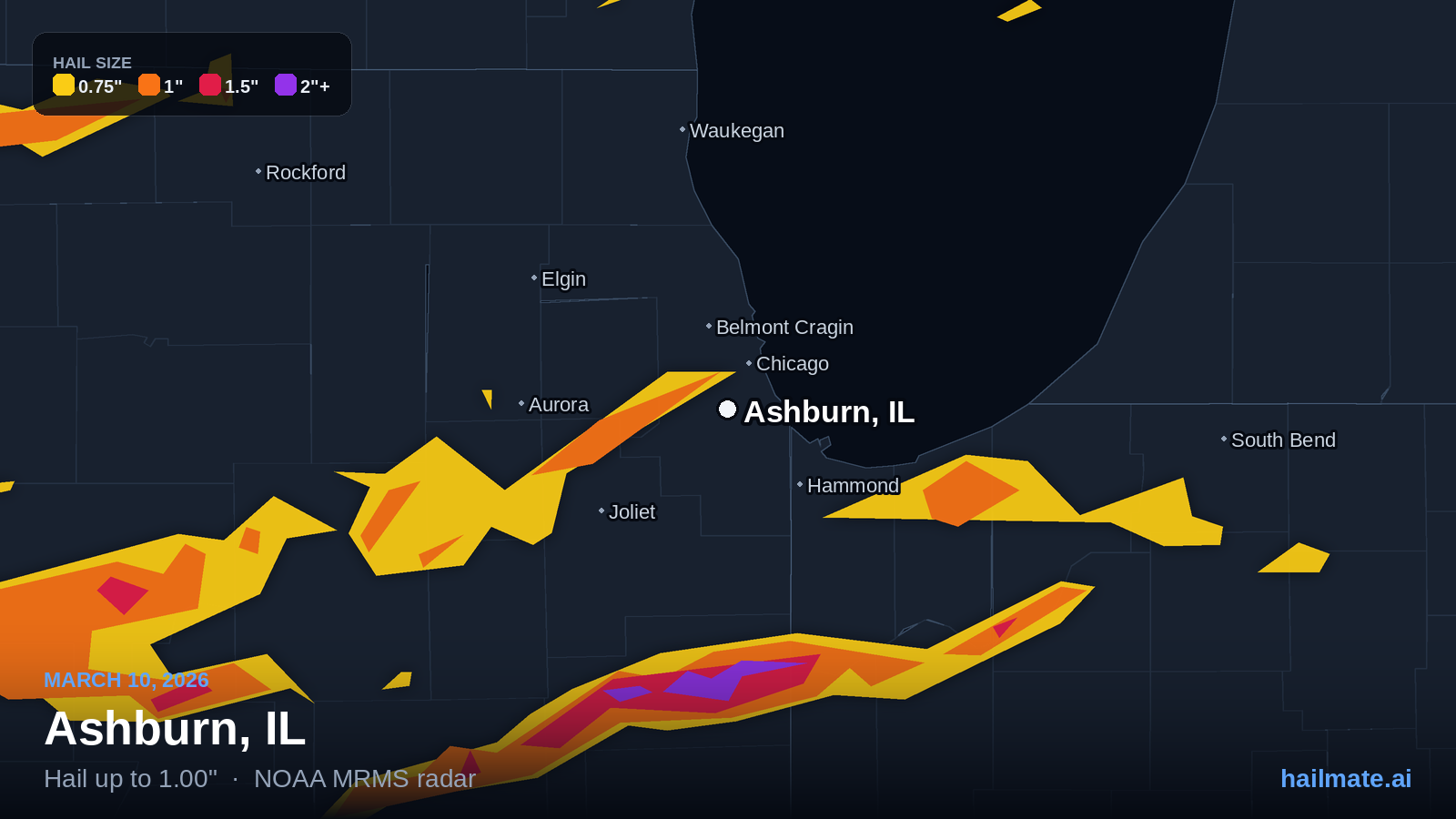 Hail swath map for Ashburn, IL on March 10, 2026 showing 1.00 inch hail.